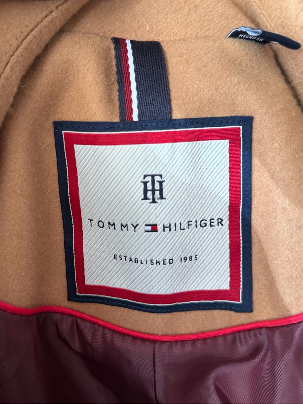 Tommy Hilfiger Camel Wool-Blend Coat with Navy & Red Trim - Picture 2 of 4